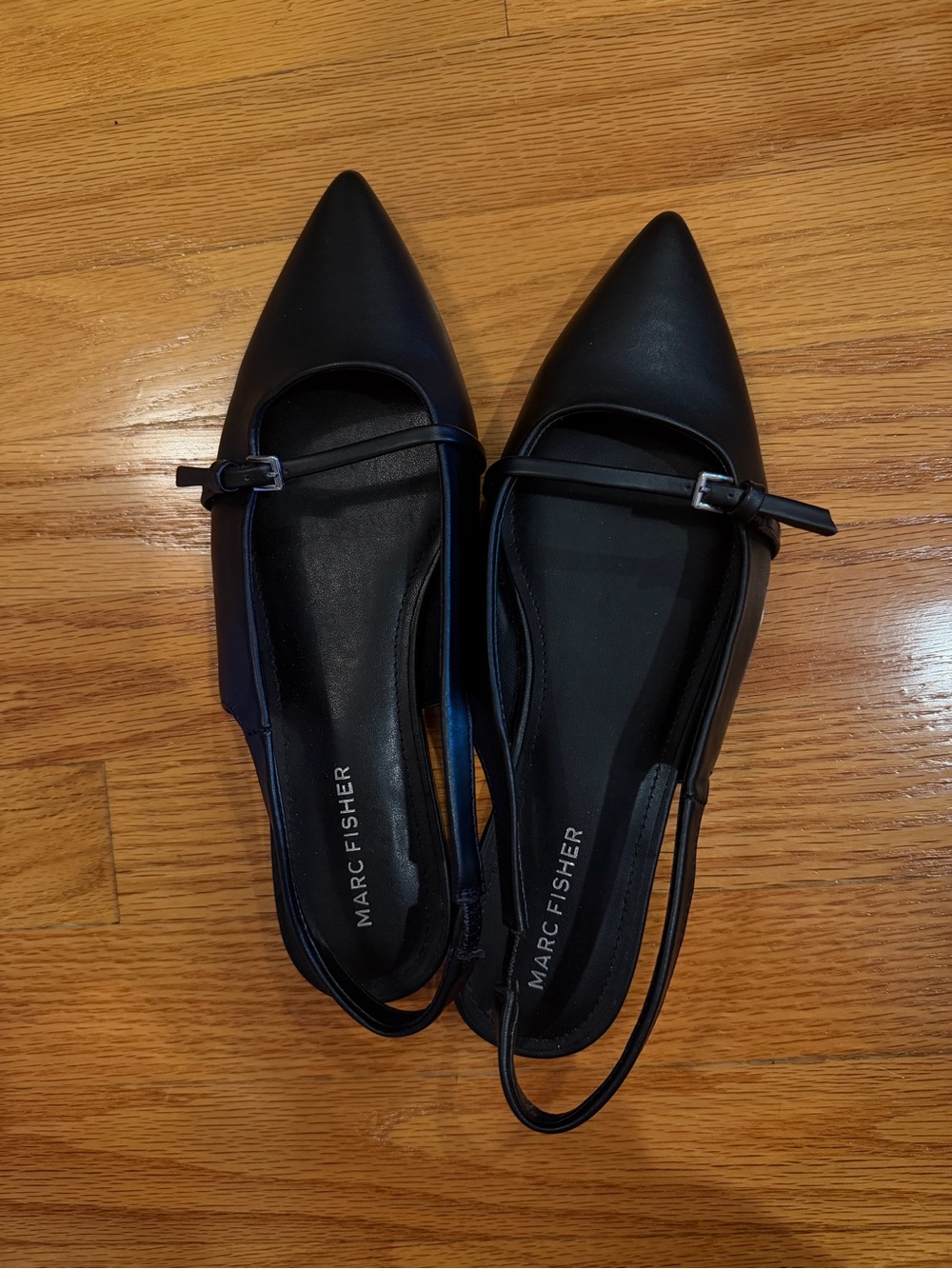 Marc Fisher Black Pointed-Toe Slingback Flats with Ankle Strap